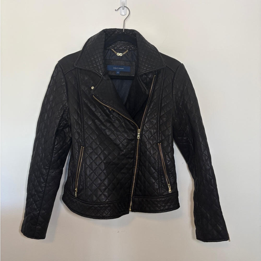 Cole Haan Black Quilted Asymmetrical Leather Jacket